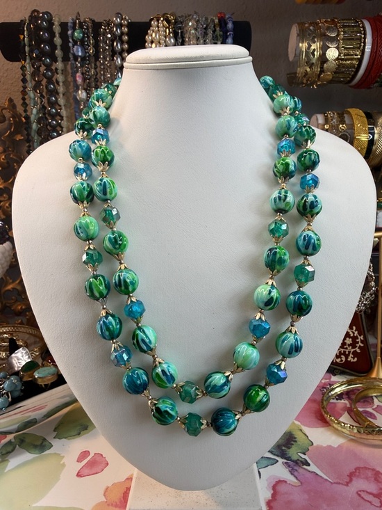 Hong Kong Jewelry - Vintage Hong Kong Green & Blue Swirl Double-Strand Beaded Necklace